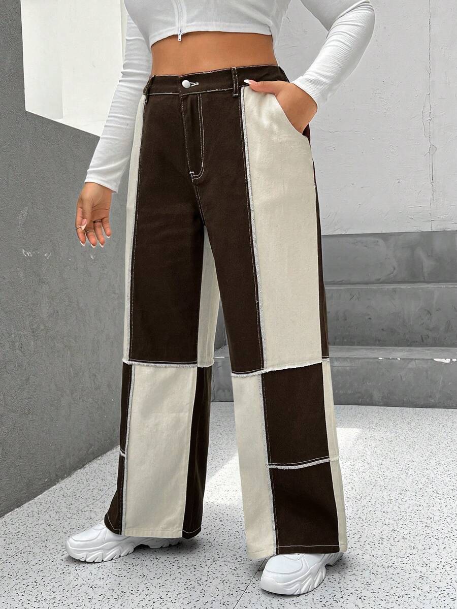 SHEIN EZwear Hơn Khối màu Khâu trên cùng quần ống rộng Quần jean - Nhiều màu - Xem 1