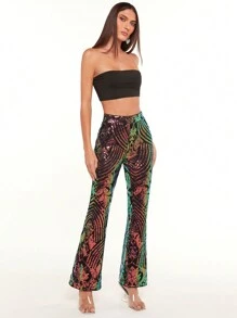 SHEIN BAE Christmas Sequin Flare Leg Pants - Multicolor - View 5