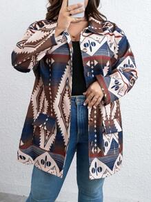 SHEIN LUNE Plus Geo Print Drop Shoulder Overcoat - Multicolor - View 1