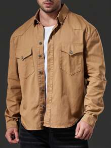 Manfinity 男士大码翻蓋口袋牛仔襯衫不帶T恤 - 卡其色 - 查看 1