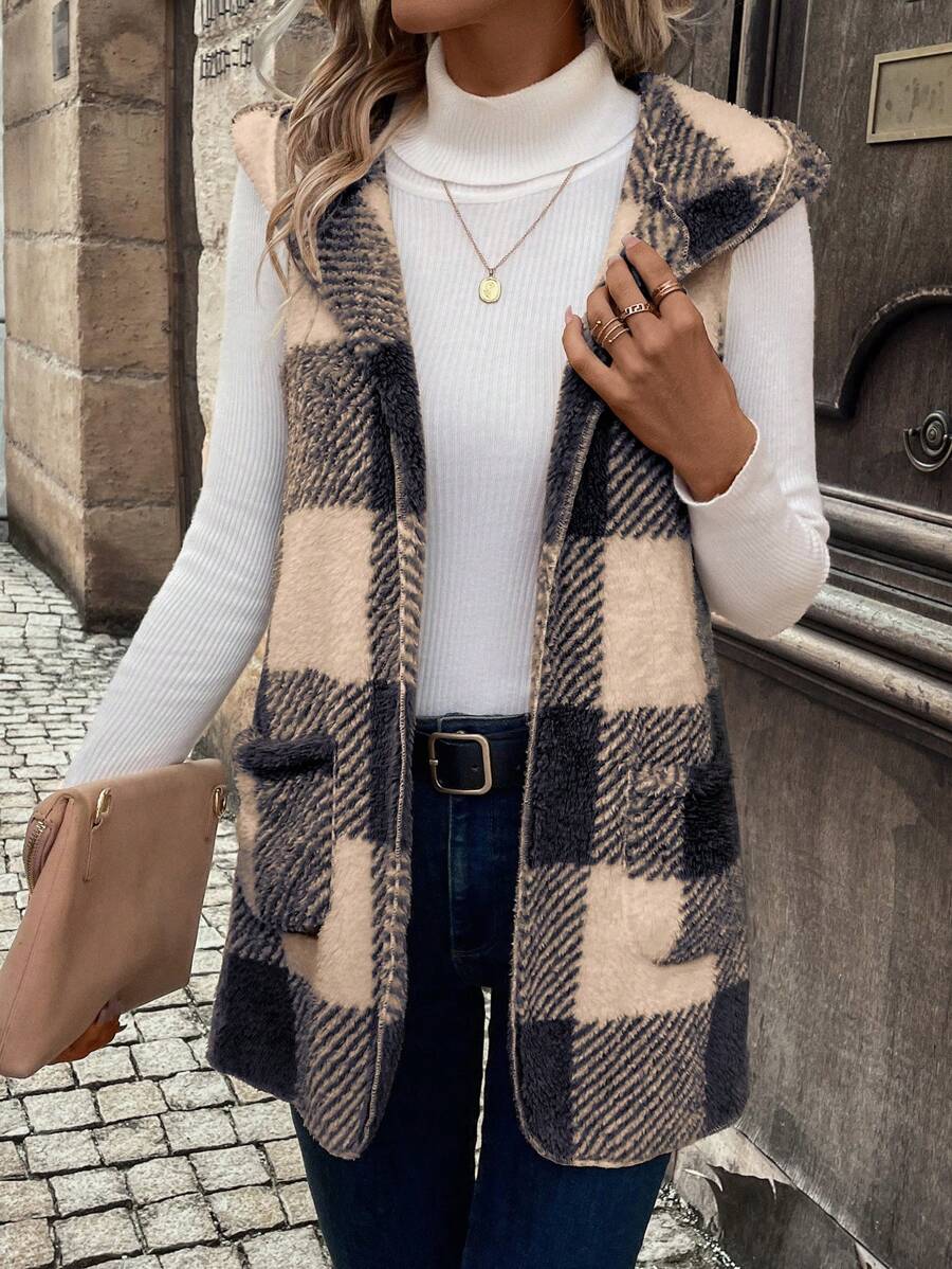 SHEIN LUNE 大方格圖案雙口袋連帽法蘭絨外套馬甲 - 黑色 - 查看 1