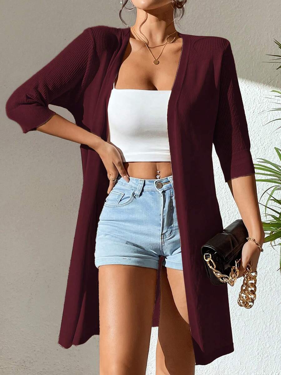 SHEIN Privé 纯色休闲设计开衫 - 酒紅色 - 查看 1