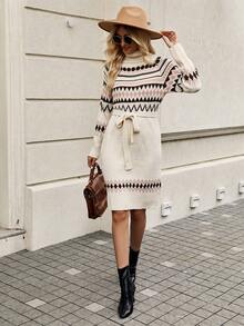 SHEIN Frenchy Geo Pattern Turtleneck Raglan Sleeve Belted Sweater Dress - Multicolor - View 3