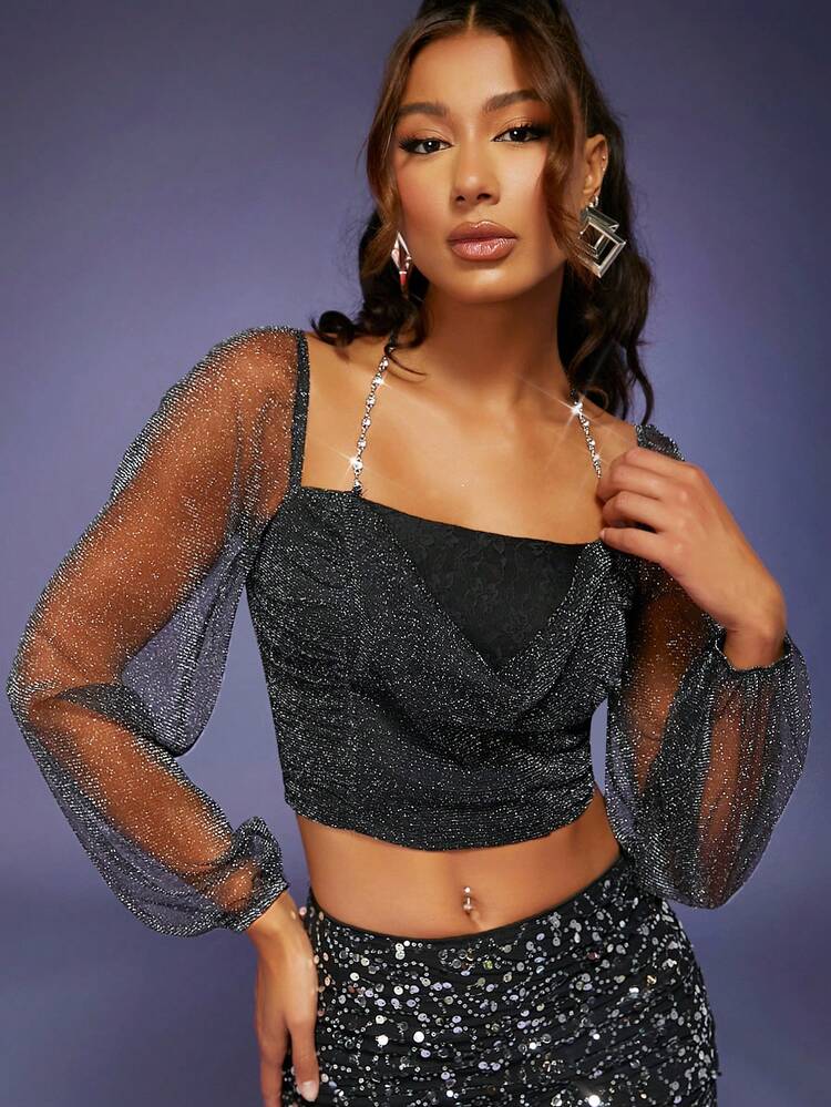 Draped Collar Lantern Sleeve Glitter Crop Top