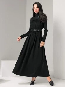 Modelyn High Neck PU Leather Yoke Belted Modest Long Sleeve Dress
