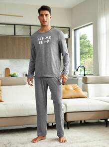 Men Slogan Graphic PJ Set / Pajama Set - Grey - View 6
