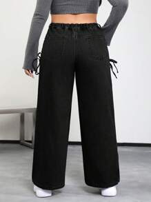 SHEIN EZwear Plus Lace Up Side Wide Leg Jeans - Black - View 2