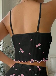 Cherry Print Lettuce Trim Bow Front Cami Pajama Sleep Top - Black - View 2