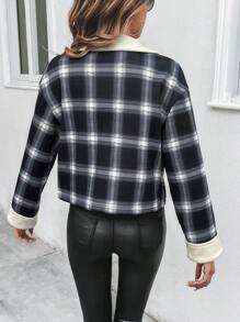 Chiquease Plaid Print Zip Up Thermal Lined Jacket Fall Cloth For Women - Black and White - View 2