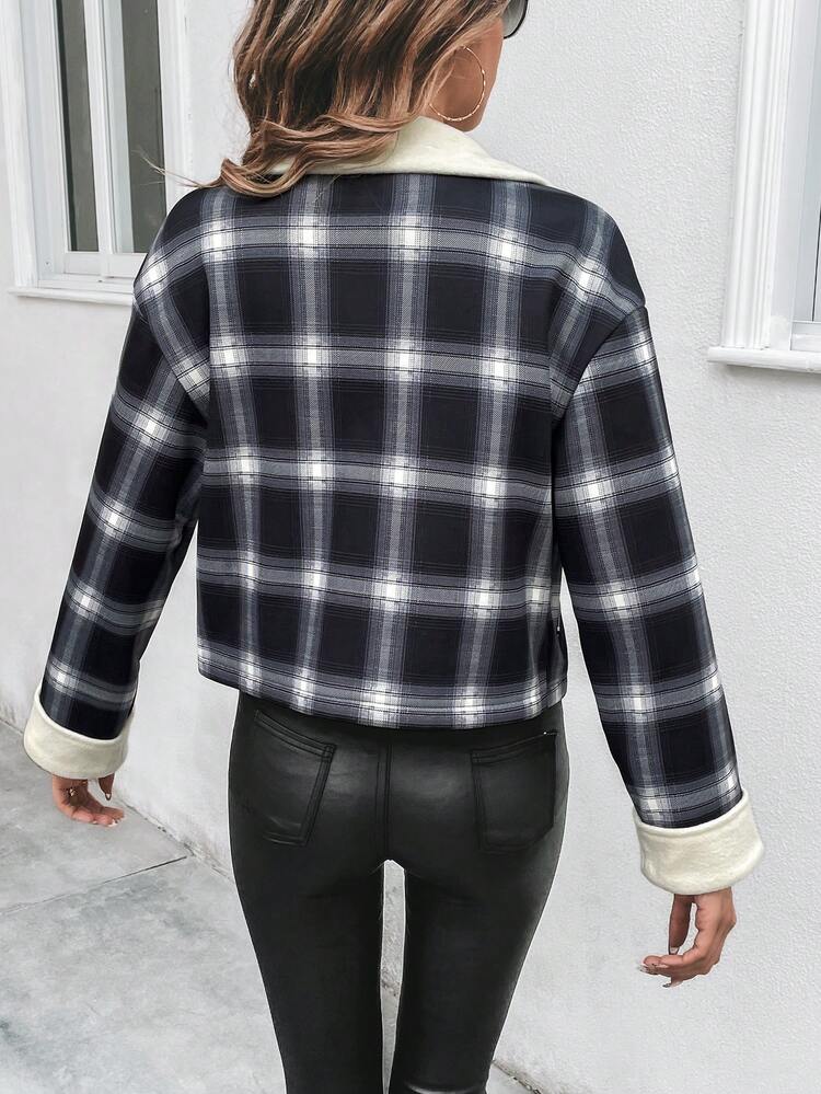 Plaid Print Zip Up Thermal Lined Jacket Fall Cloth For Women