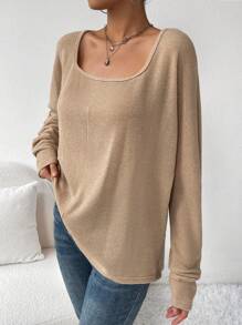 SHEIN Essnce T-Shirt mit Einfarbig U-Ausschnitt, Fledermausärmeln, Rippenstrick