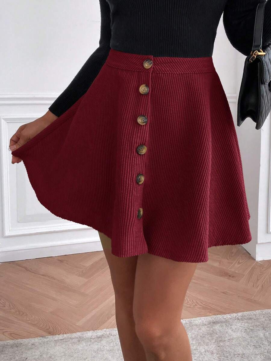 SHEIN Essnce 高腰單排釦喇叭半身裙 - 紅色 - 查看 1