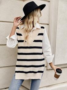 SHEIN Frenchy Mẫu sọc Viền chia cắt Áo len vest Không có áo sơ mi - Màu be - Xem 5