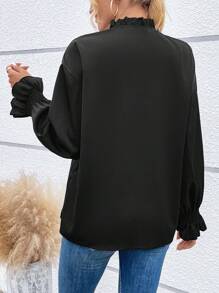 Chiquease Flounce Sleeve Flap Pocket O-ring Zipper Front Blouse - Black - View 3