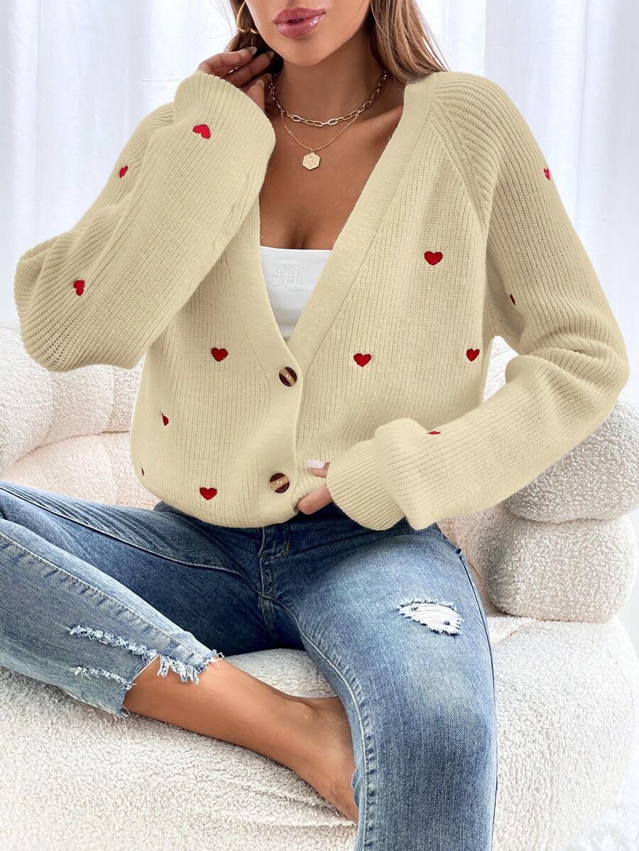 SHEIN Frenchy Thêu trái tim Tay Raglan Áo len Mở - Màu be - Xem 1