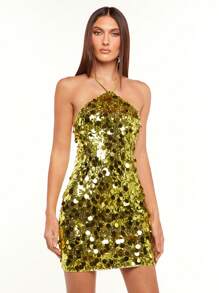 SHEIN BAE Của phụ nữ Vàng Kim sa Halter Neck Váy bodycon Đối với Hộp đêm - màu xanh lá - Xem 6