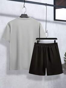 Manfinity Dauomo Nam Áo phông trơn & Eo dây rút Quần short - Xám - Xem 2