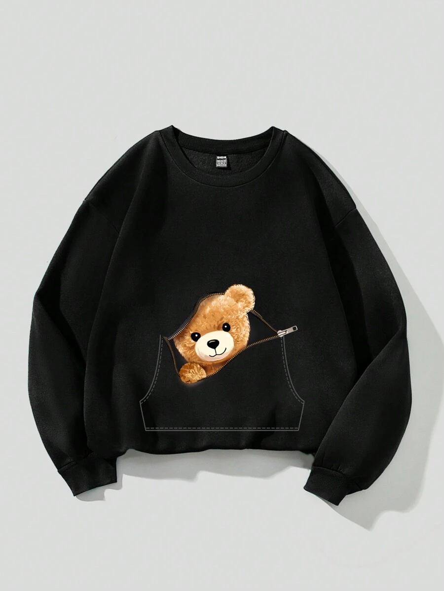 SHEIN EZwear Áo nỉ nữ gấu bông cổ tròn màu đen trơn thích hợp cho mùa thu đông - màu đen - Xem 1