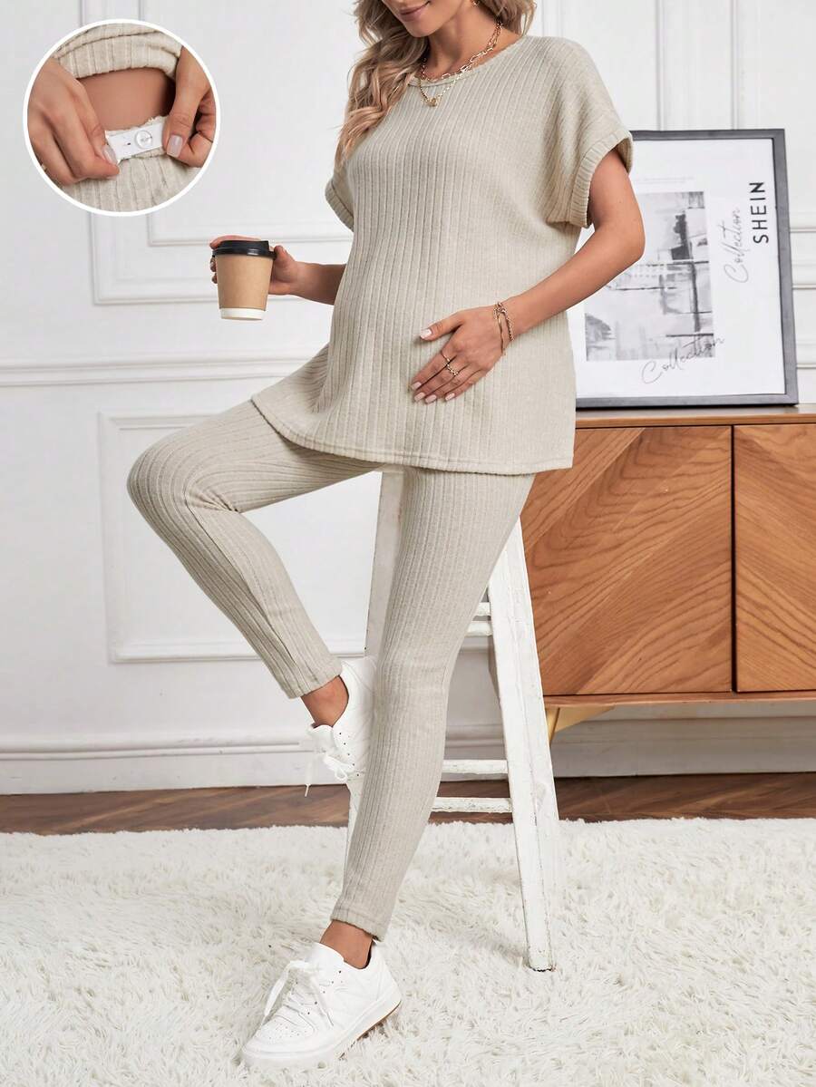 SHEIN 孕婦蝙蝠袖T恤&可調節腰圍緊身打底褲 - 杏色 - 查看 1