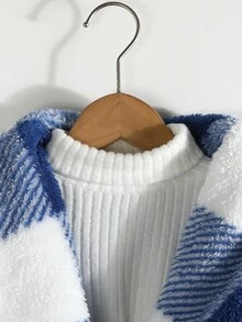 SHEIN LUNE Họa tiết kẻ sọc trâu Thả vai Áo khoác Teddy Không có áo len - Màu xanh lam - Xem 3