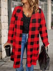 SHEIN LUNE Plus Buffalo Plaid Print Open Front Coat - Multicolor - View 4