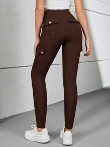 SHEIN Essnce Flap Pocket Side Wideband Waist Pants - Coffee Brown - View 1