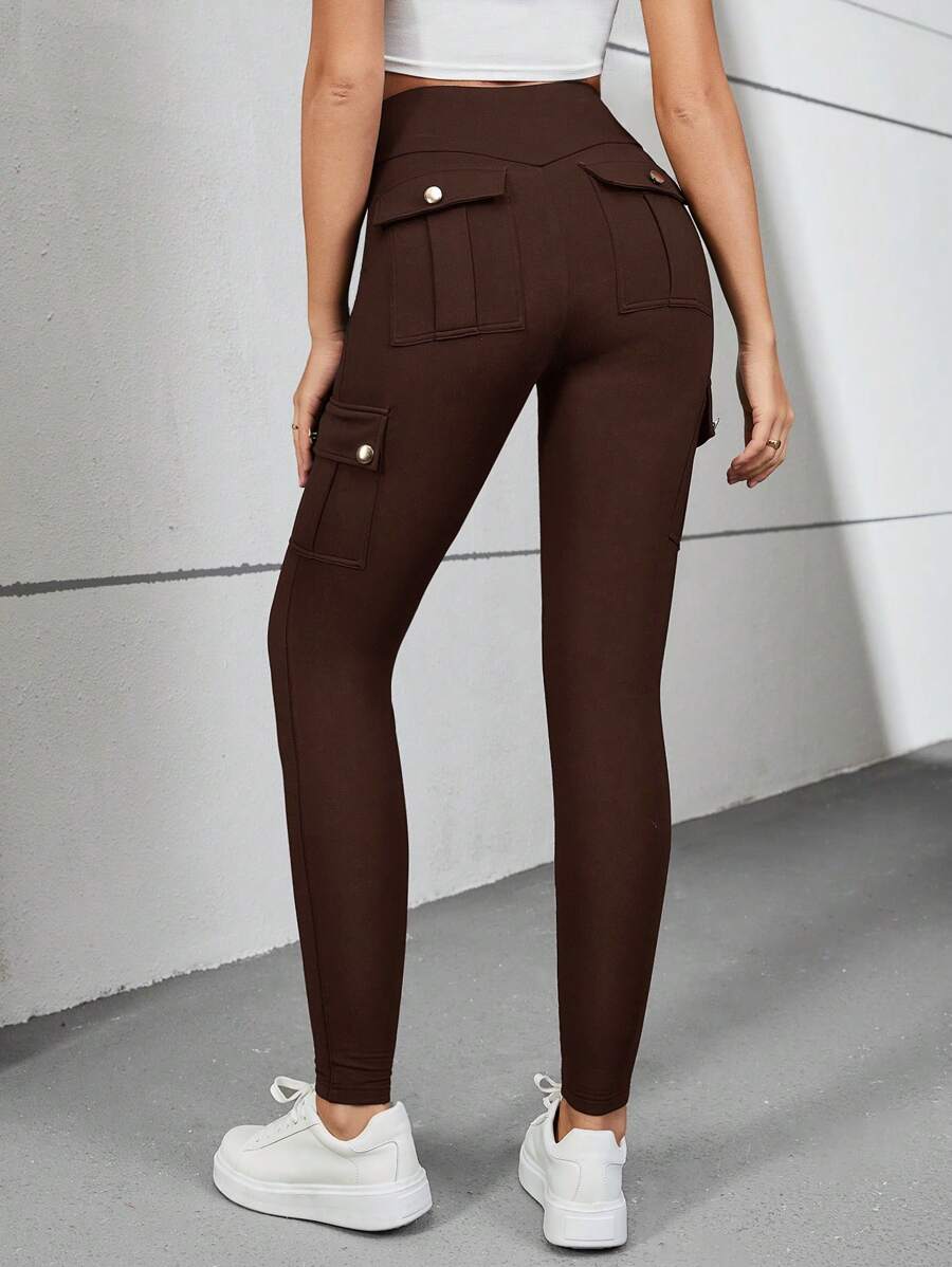 SHEIN Essnce Flap Pocket Side Wideband Waist Pants - Coffee Brown - View 1