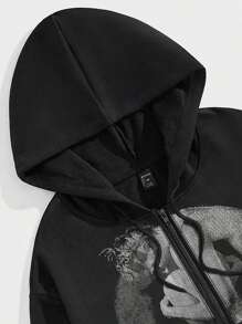 ROMWE MEN Goth 男士蜘蛛網&骷髅頭圖案拉鏈開襟抽繩連帽衫 - 黑色 - 查看 4