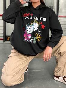 Flirla Plus Size Cartoon & Letter Graphic Drop Shoulder Drawstring Sweatshirt Pullover Fall Sweatshirt - Black - View 5