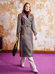 MOTF PREMIUM BELTED PLAID FAUX LEATHER COAT - Brown - View 3