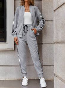 SHEIN LUNE Bản in Gingham Dây kéo Áo khoác & Quần nỉ - Nhiều màu - Xem 2