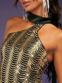 SHEIN Unity 小高領垂墜繫帶亮片連身裙 - 彩色 - 查看 5