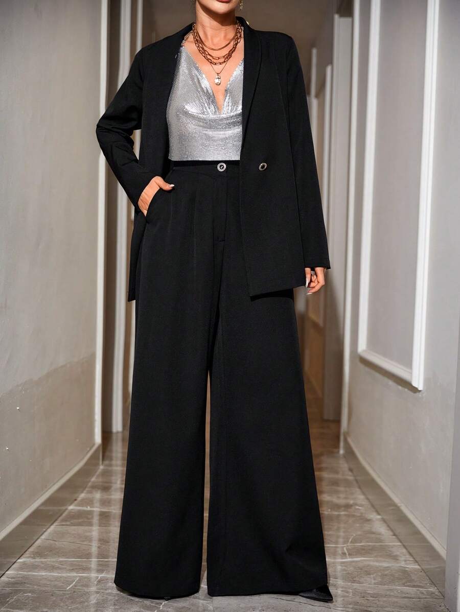 RueChic Solid Blazer & Wide Leg Pants - Black - View 1