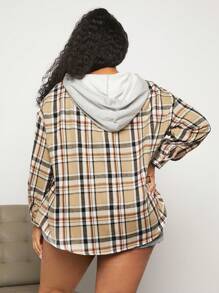 SHEIN CURVE+ Plus Plaid Print Drop Shoulder Drawstring Hooded Shirt