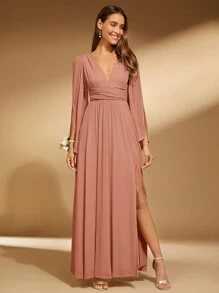 SHEIN Belle Plunging Neck Split Thigh Bridesmaid Dress Elegant Long Sleeve Dress - Dusty Pink - View 5