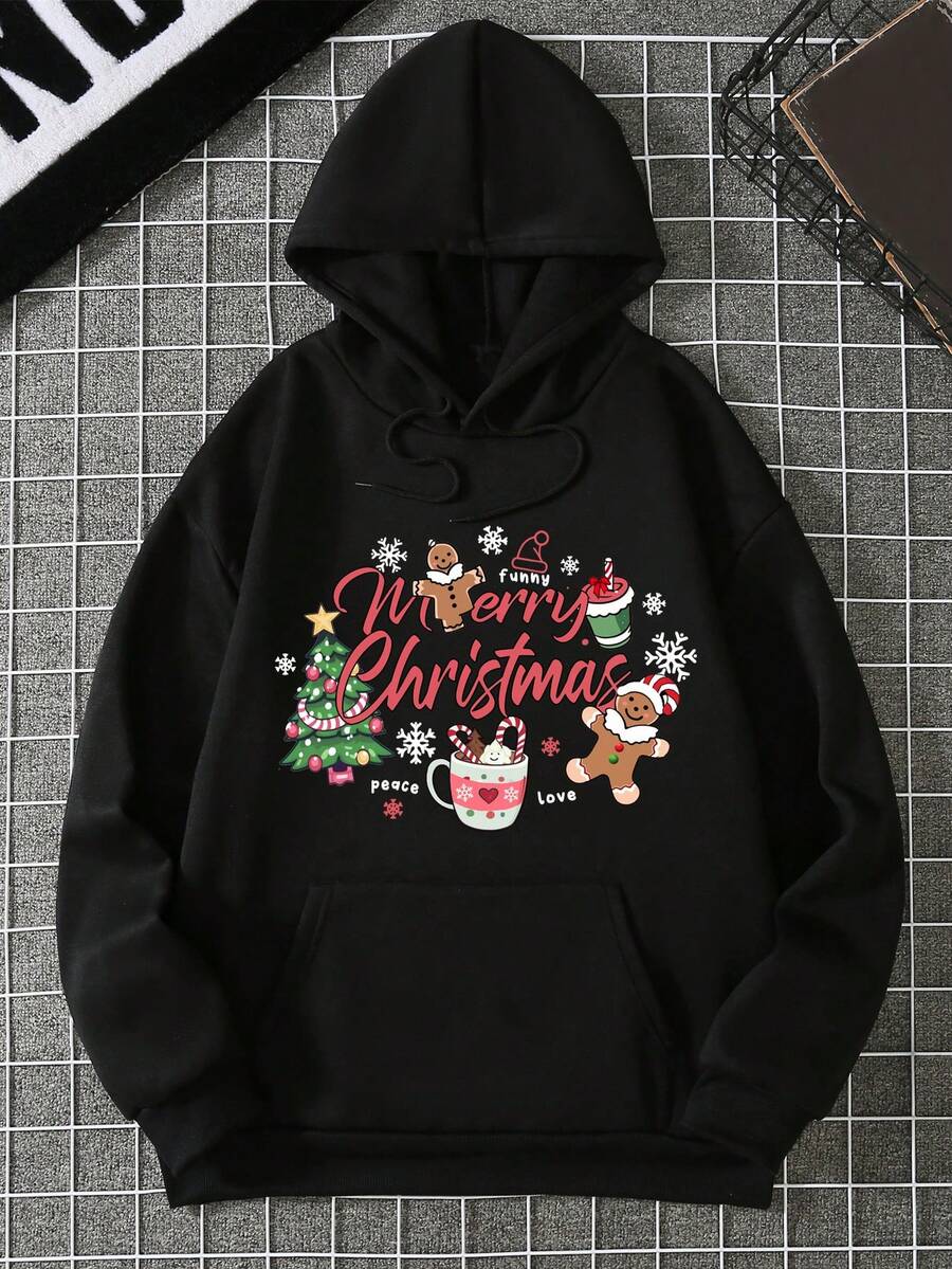SHEIN EZwear In Giáng sinh Túi kangaroo Dây rút Lót nhiệt Hoodie - màu đen - Xem 1