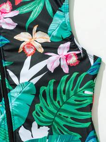 Tropical Print Zip Front Tankini - Multicolor - View 6