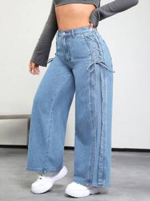 SHEIN ICON Plus Lace Up Side Wide Leg Jeans
