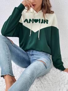 SHEIN Frenchy 字母圖案撞色落肩袖抽繩連帽衫 - 彩色 - 查看 6