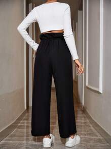 EURMUSE Paperbag Drawstring Waist Wide Leg Pants - Black - View 2