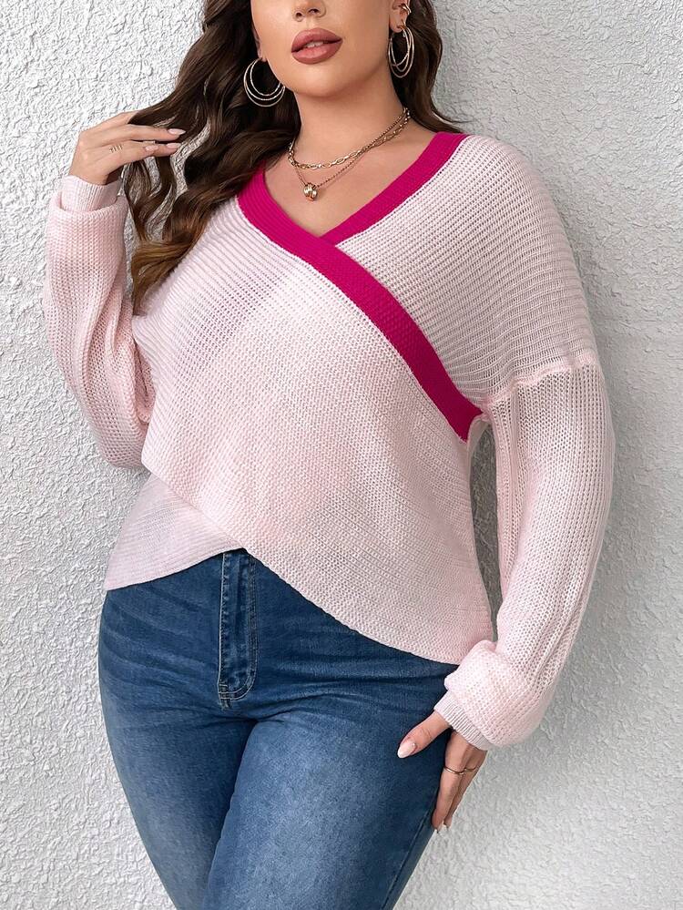 Plus Contrast Trim Drop Shoulder Crossover Sweater Knit Pullover Fall Winter Sweater