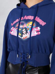 JUSTICE LEAGUE X SHEIN Letter Graphic Drop Shoulder Drawstring Hoodie