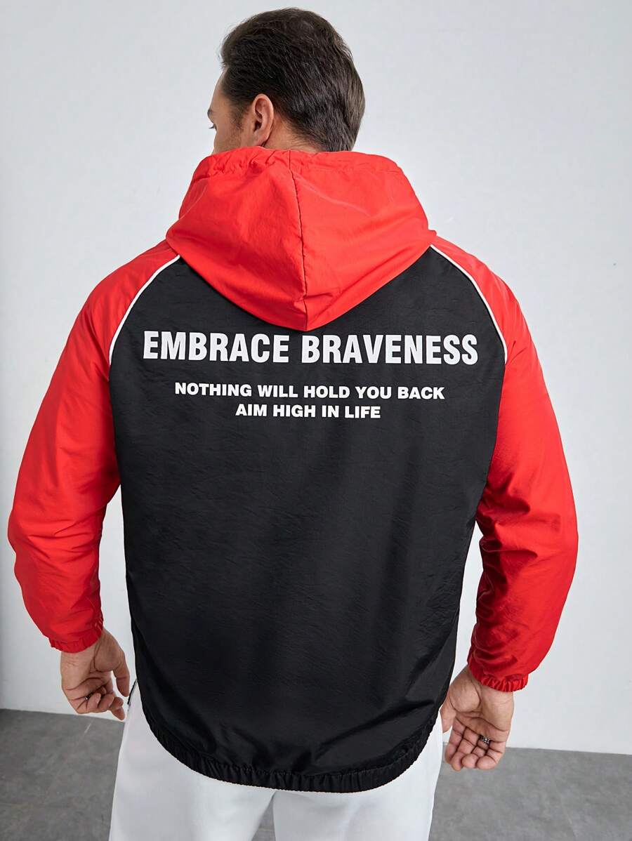 Manfinity VCAY Men Plus Slogan Graphic Contrast Raglan Sleeve Hooded Jacket, For Fall Winter