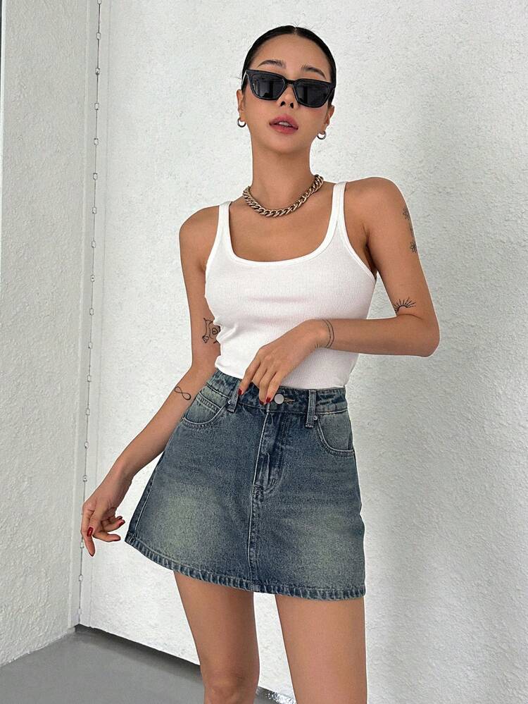 High Waist Denim Skort Jorts