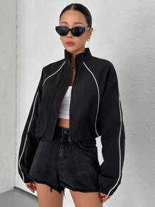 Dazy Star 拼接滾邊落肩袖拉鏈開襟夾克 - 黑色 - 查看 2