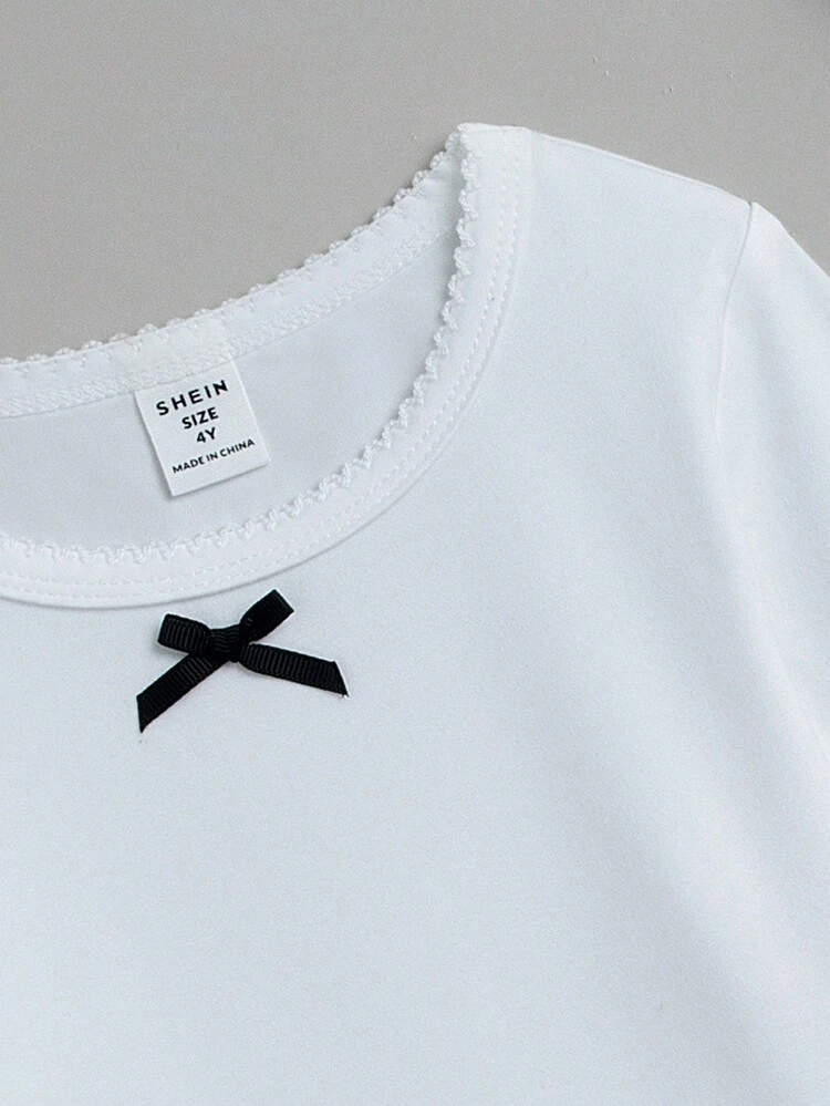 3pcs/Set Girls' Simple White Bowknot & Ribbon Long Sleeve Three-Piece Underwear Set