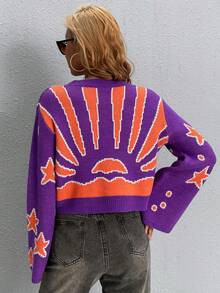 SHEIN Unity Star & Sun Pattern Flare Sleeve Crop Sweater - Multicolor - View 2