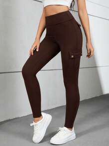 SHEIN Essnce Flap Pocket Side Wideband Waist Pants - Coffee Brown - View 3