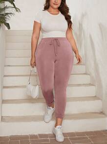 SHEIN Essnce Plus Drawstring Waist Slant Pocket Pants - Dusty Pink - View 3