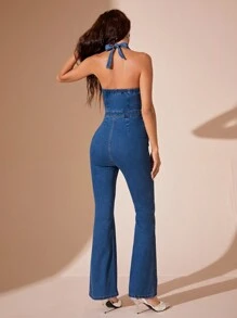 SHEIN BAE Button Front Halter Neck Backless Flare Leg Denim Jumpsuit - Blue - View 2